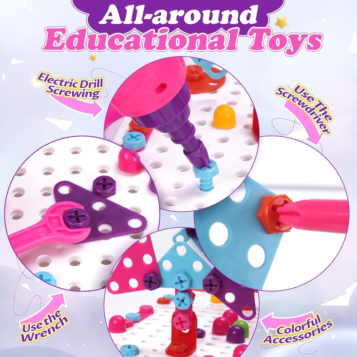 Fidtoy Ensemble de jeu d'outils de perceuse électrique créative magique 3 en 1 pour enfants | Jouet de construction STEM avec étui de rangement portable - Rose