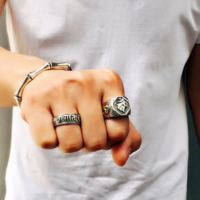 Buddha Stones 925 Sterling Silver Sanskrit Design Carved Protection Adjustable Ring Ring BS 26