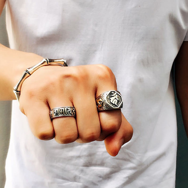 Buddha Stones 925 Sterling Silver Sanskrit Design Carved Protection Adjustable Ring Ring BS 26