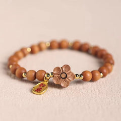 Bracelet de protection Foviel à breloque Ruyi en bois de santal naturel, fleurs de pêcher et bois de santal rouge à petites feuilles