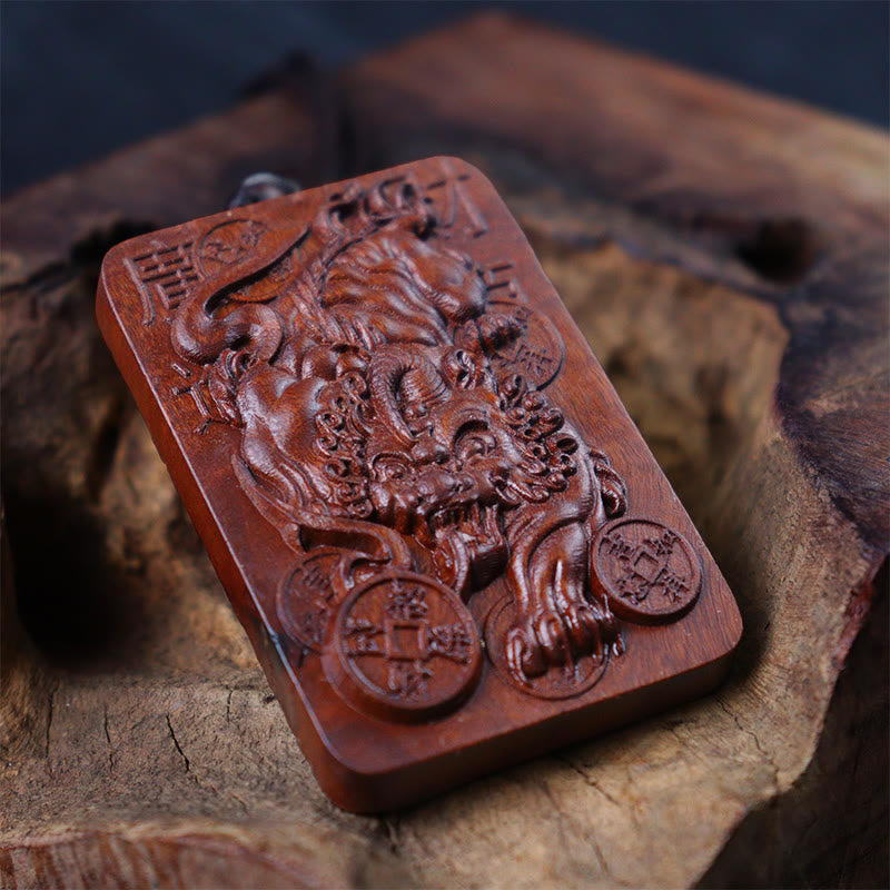 Buddha Stones Natural Lightning Struck Jujube Wood PiXiu Copper Coin Good Fortune Necklace Pendant 8