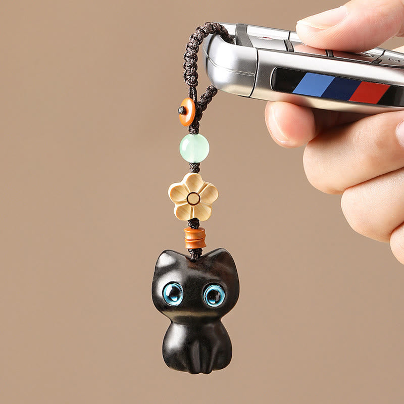 Porte-clés et pendentif pour téléphone Foviel en bois de santal rouge et ébène, motif petit chat porte-bonheur, décoration adorable