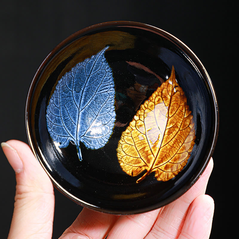 Buddha Stones Gold Maple Leaf Chinese Jianzhan Ceramic Teacup Tenmoku Kung Fu Tea Cup Bowl Jian Zhan Tea Cup BS 16