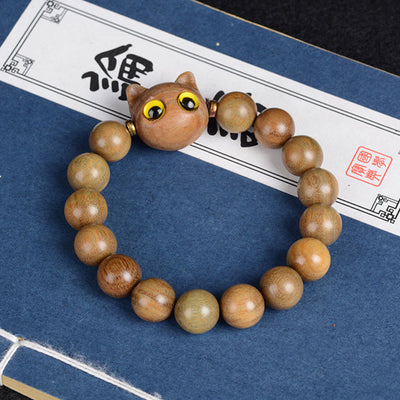 Buddha Stones Ebony Wood Green Sandalwood Red Sandalwood Lovely Cat Balance Bracelet Bracelet BS Green Sandalwood Cat 12mm*15 Beads(Wrist Circumference 14-16cm)