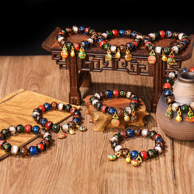 Buddha Stones Five Elements Gold Swallowing Beast Family Charm Liuli Glass Bead Luck Bracelet Bracelet BS 1