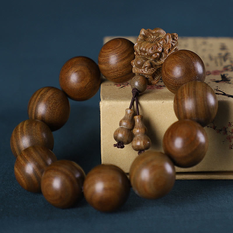 Foviel Rosewood Green Sandalwood Small Leaf Red Sandalwood Dragon Carved Protection Bracelet