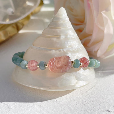 Buddha Stones Natural Hetian Jade Pearl Peace Buckle Fu Character Gourd Money Bag Strawberry Quartz PiXiu Luck Bracelet Bracelet BS 12
