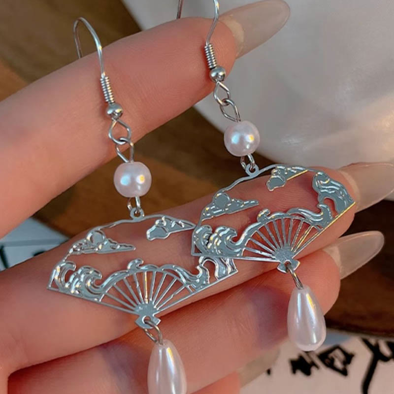 Buddha Stones Copper Fan Auspicious Clouds Pearl Healing Drop Earrings 11