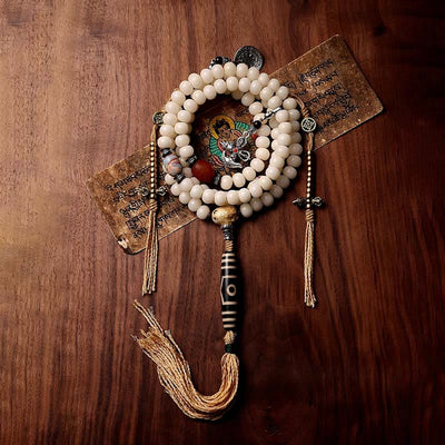 Buddha Stones Tibet 108 Mala Beads Bodhi Seed Bagua Vajra Dzi Bead Gray Agate Wealth Bracelet Mala Bracelet BS 10