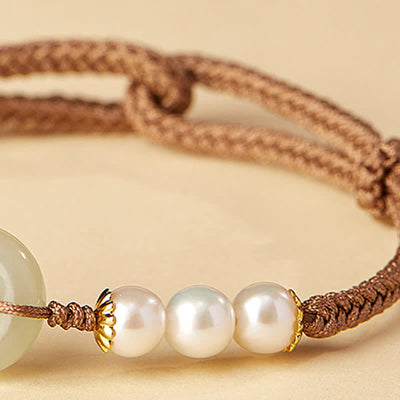 Buddha Stones Natural Hetian Jade Pearl Peace Buckle Luck Bracelet - image 8