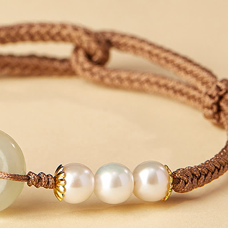 Buddha Stones Natural Hetian Jade Pearl Peace Buckle Luck Bracelet - image 8
