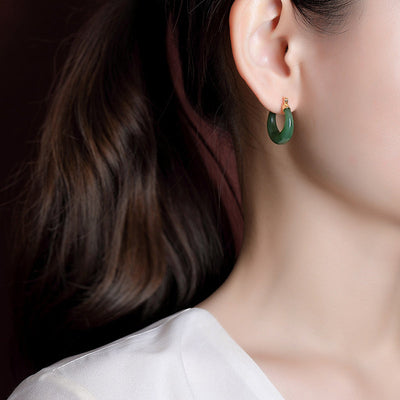 Buddha Stones 925 Sterling Silver Plated Gold Natural Round Hetian Cyan Jade Luck Drop Earrings Earrings BS 5