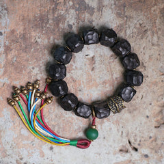 Buddha Stones Tibet Ebony Wood Copper Peace Tassel Wrist Mala Bracelet Wrist Mala BS 18cm