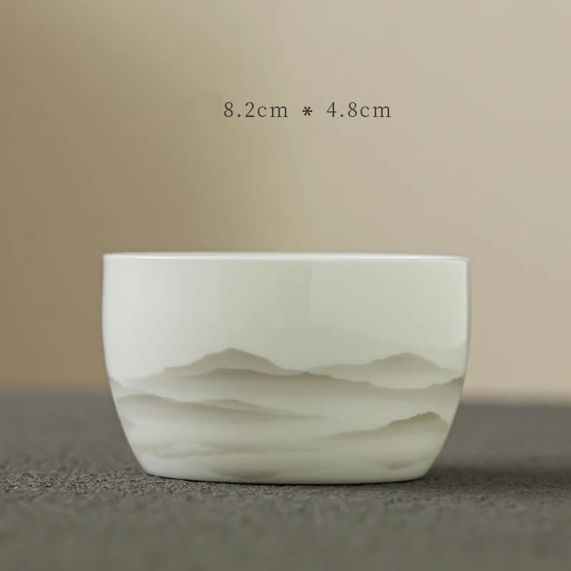 Buddha Stones Vintage Ink Painting Mountain White Porcelain Ceramic Gaiwan Sancai Teacup Kung Fu Tea Cup And Saucer With Lid Tea Utensil Teapot Cup BS Cup 8.2cm*4.8cm*160ml