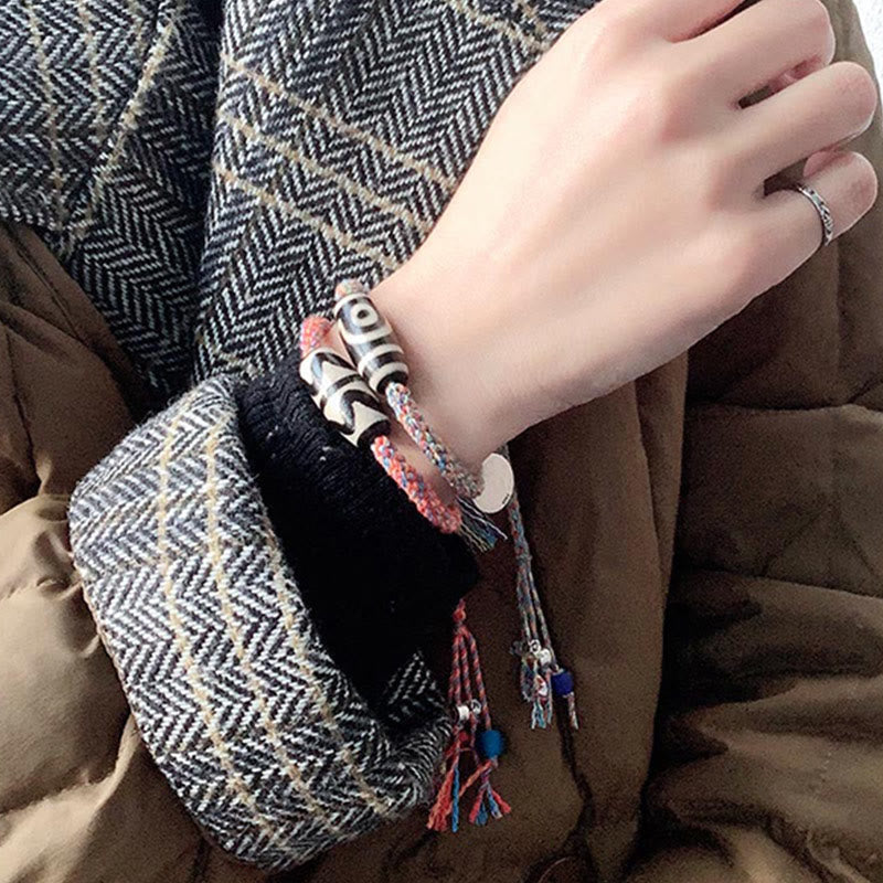 Buddha Stones Tibetan 925 Sterling Silver Om Mani Padme Hum Handmade Dzi Bead Protection Braid Bracelet Bracelet BS 3