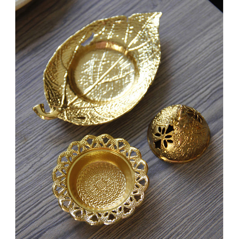 Buddha Stones Tibetan Gold Mini Leaf Coaster Meditation Incense Burner Incense Burner BS 6
