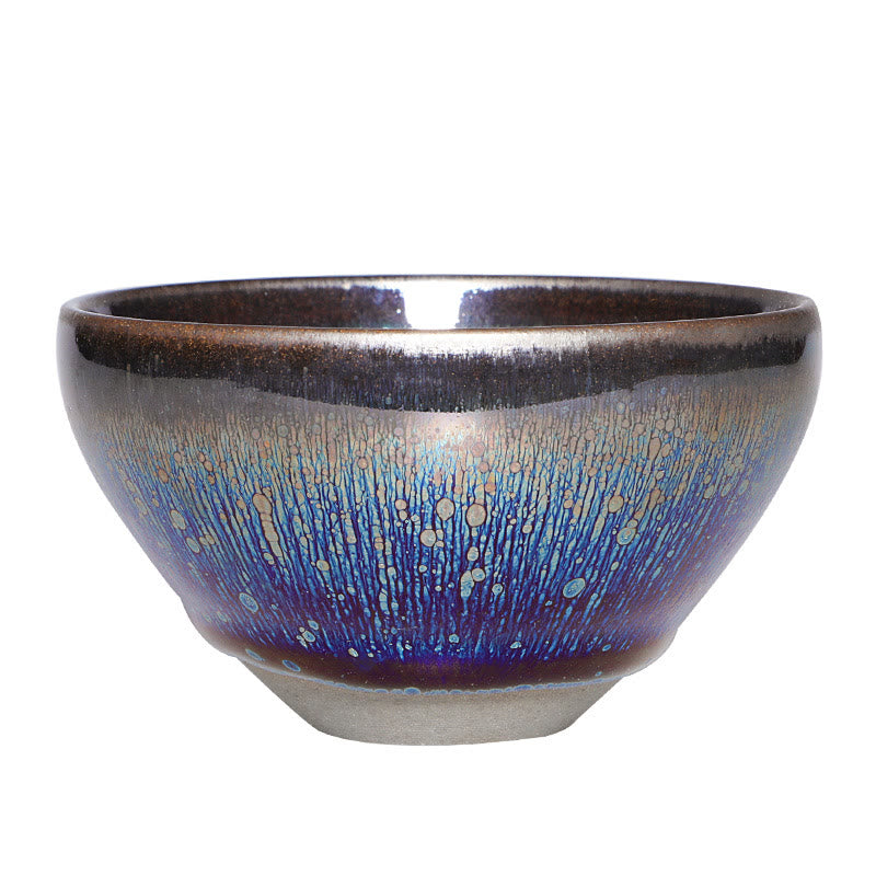 Buddha Stones Chinese Jianzhan Blue Colorful Glaze Ceramic Teacup Tenmoku Kung Fu Tea Cup With Gift Box Jian Zhan Tea Cup BS Cup Bowl 9.2cm*5cm*200ml