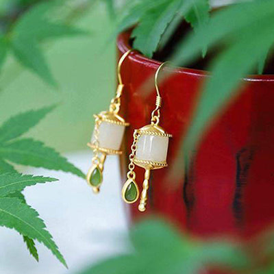 Buddha Stones 925 Sterling Silver Jade Prayer Wheel Luck Drop Earrings Earrings BS 1