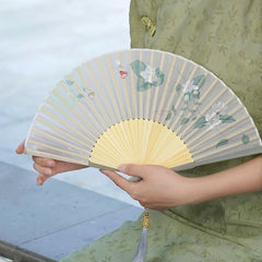 Buddha Stones Jasmine Flowers Handheld Bamboo Folding Fan Folding Fan BS Jasmine