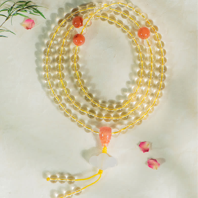 Buddha Stones 108 Mala Beads 925 Sterling Silver Natural Citrine Red Agate White Jade Prosperity Charm Bracelet Mala Bracelet BS 9