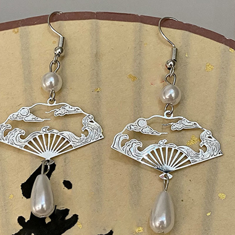 Buddha Stones Copper Fan Auspicious Clouds Pearl Healing Drop Earrings 12