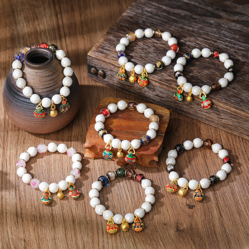 Buddha Stones Gold Swallowing Beast Family Charm Liuli Glass Colorful Porcelain Bead Luck Bracelet Bracelet BS 1