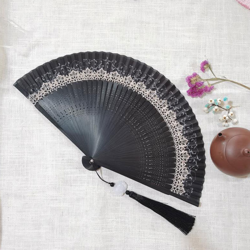 Buddha Stones Simple Hollow Engraved Handheld Bamboo Folding Fan Folding Fan BS Black White 22cm