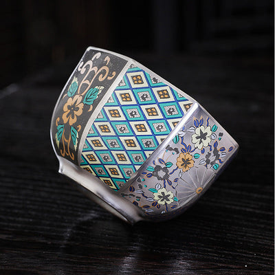 Buddha Stones 999 Sterling Silver Gilding Chrysanthemum Flowers Ceramic Teacup Kung Fu Tea Cup Cup BS 3