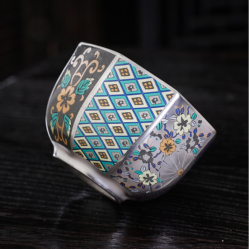 Buddha Stones 999 Sterling Silver Gilding Chrysanthemum Flowers Ceramic Teacup Kung Fu Tea Cup Cup BS 3