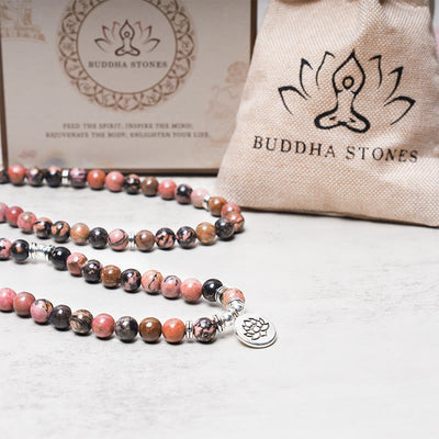 Buddha Stones 108 Mala Beads Rhodonite Lotus Compassion Energy Bracelet Mala Bracelet BS 4