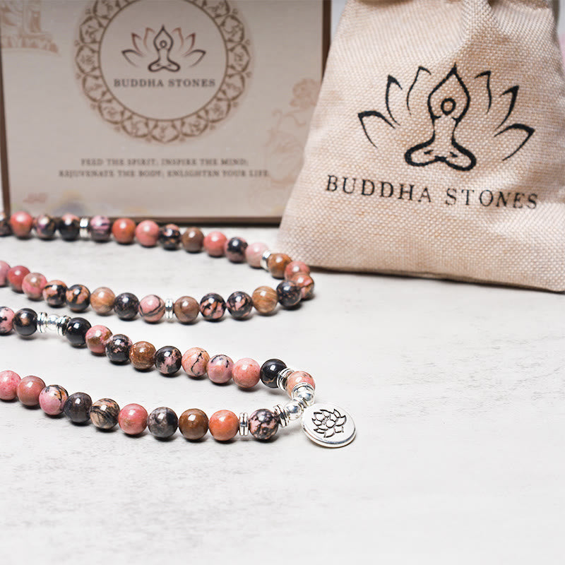 Buddha Stones 108 Mala Beads Rhodonite Lotus Compassion Energy Bracelet Mala Bracelet BS 4