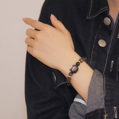 Foviel Gold Sheen Obsidian Silver Sheen Obsidian Lovely Paw Lucky Cat Protection Bracelet