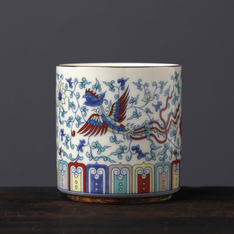 Buddha Stones Vintage Plum Blossom Pine Bamboo Phoenix Kirin Lion Dancing Ceramic Teacup Tea Cups Cup BS Phoenix(6.1cm*6.5cm*130ml)