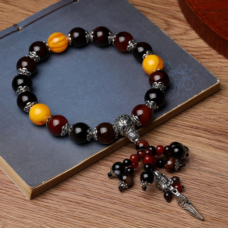 Buddha Stones Natural Tiger Eye Red Agate Dragon Vein Agate Stone Vajra Dorje Power Healing Bracelet Car Decoration Bracelet BS Agate
