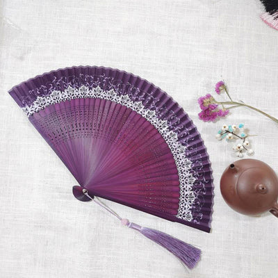 Buddha Stones Simple Hollow Engraved Handheld Bamboo Folding Fan Folding Fan BS Purple 22cm