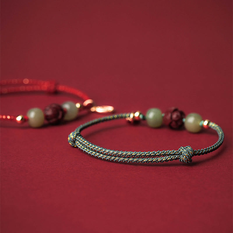Buddha Stones 14K Gold Plated Hetian Jade Cinnabar Lotus Luck Handcrafted Rope Bracelet Bracelet BS 12