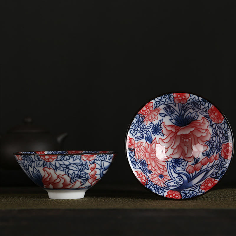 Buddha Stones Flowers Fu Character Mountains Lotus Cherry Blossoms Ceramic Teacup Kung Fu Tea Cup Cup BS Red Blue Flowers 8.5cm*4cm*90ml