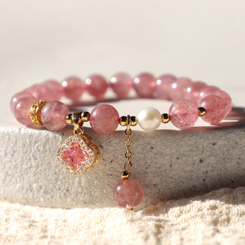 Foviel Strawberry Quartz Pearl Four Leaf Clover Charm Healing Bracelet