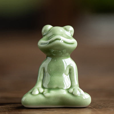 Buddha Stones Mini Small Meditation Lotus Resting Frog Ceramic Wealth Luck Home Tea Pet Figurine Decoration Decorations BS Meditation Little Frog 4.6*2.7*5.7cm