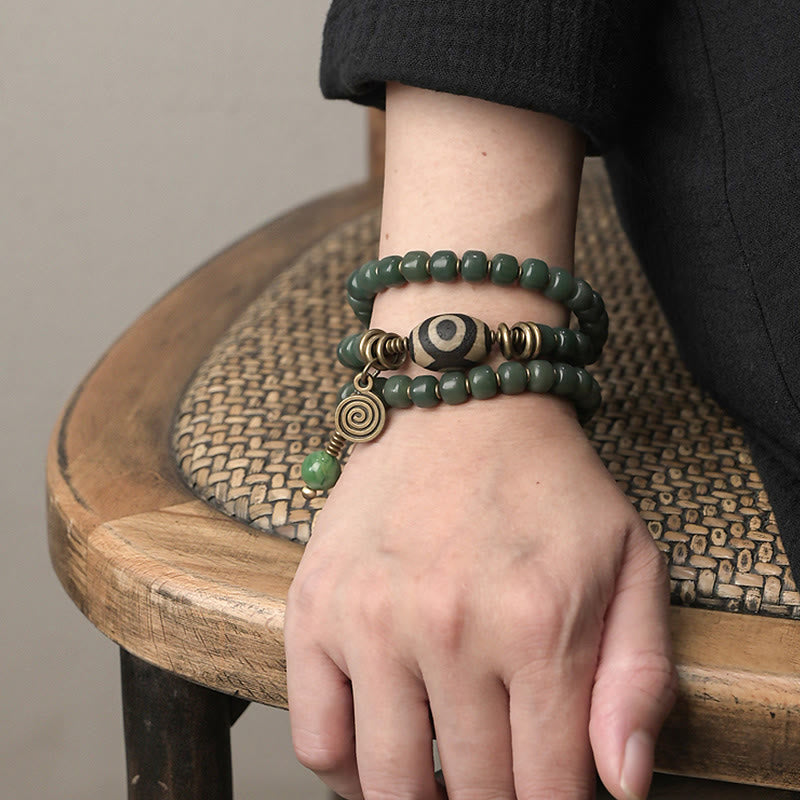 Buddha Stones Cyan Bodhi Seed Dzi Bead Wisdom Peace Triple Wrap Bracelet Mala Bracelet BS 10