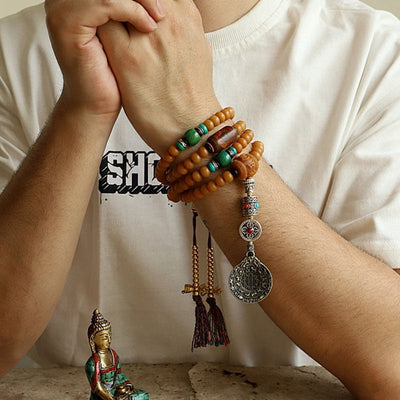 Buddha Stones Tibet 108 Mala Beads Bodhi Seed Bagua Vajra Wealth Bracelet Mala Bracelet BS 4