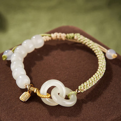Buddha Stones Natural Hetian Jade Bead Double Peace Buckle Fu Character Abundance Braided Bracelet Bracelet BS 15mm Double Peace Buckle(Wrist Circumference 14-17cm)