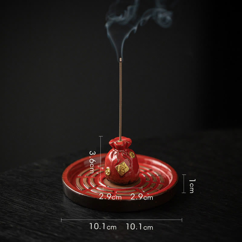 Buddha Stones Small Treasure Bowl Lucky Bag Bagua Tray Healing Ceramic Stick Incense Burner Decoration Incense Burner BS Red Lucky Bag+Bagua Tray 10.1*10.1*3.6cm