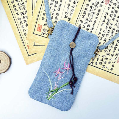 Buddha Stones Small Embroidered Flowers Crossbody Bag Shoulder Bag Cellphone Bag 11*20cm Crossbody Bag BS 25