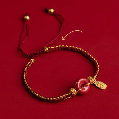 Buddha Stones Natural Cinnabar Peace Buckle Fu Character Charm Blessing Braided Bracelet Bracelet BS 2