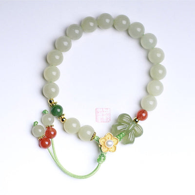 Buddha Stones 925 Sterling Silver Jade Luck Flower Butterfly Bracelet Bracelet BS 8