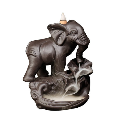Buddha Stones Tibetan Elephant Purple Clay Backflow Smoke Fountain Peace Healing Incense Burner Decoration Incense Burner BS 7
