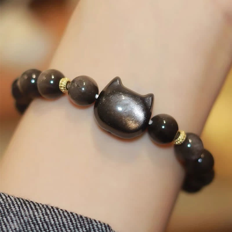 Foviel Gold Sheen Obsidian Silver Sheen Obsidian Lovely Paw Lucky Cat Protection Bracelet