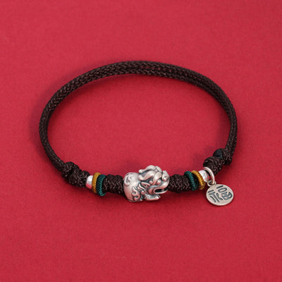 Buddha Stones 925 Sterling Silver PiXiu Fu Character Wealth Luck Handmade Braided Bracelet Bracelet BS Brown Rope(Wrist Circumference 14-17cm)