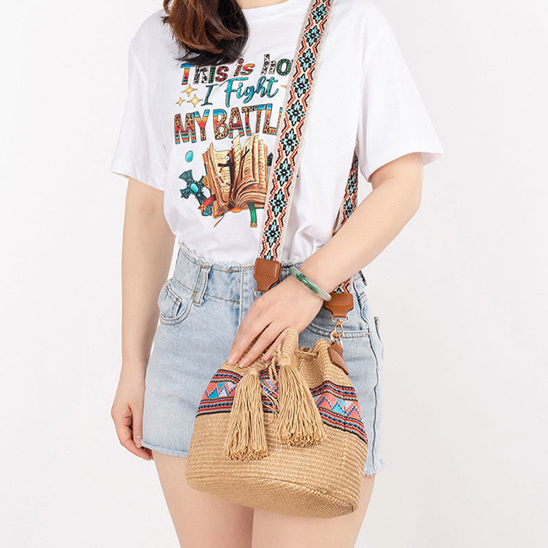 Buddha Stones Beach Geometry Straw Woven Bucket Tassels Crossbody Bag Shoulder Bag Crossbody Bag BS 11